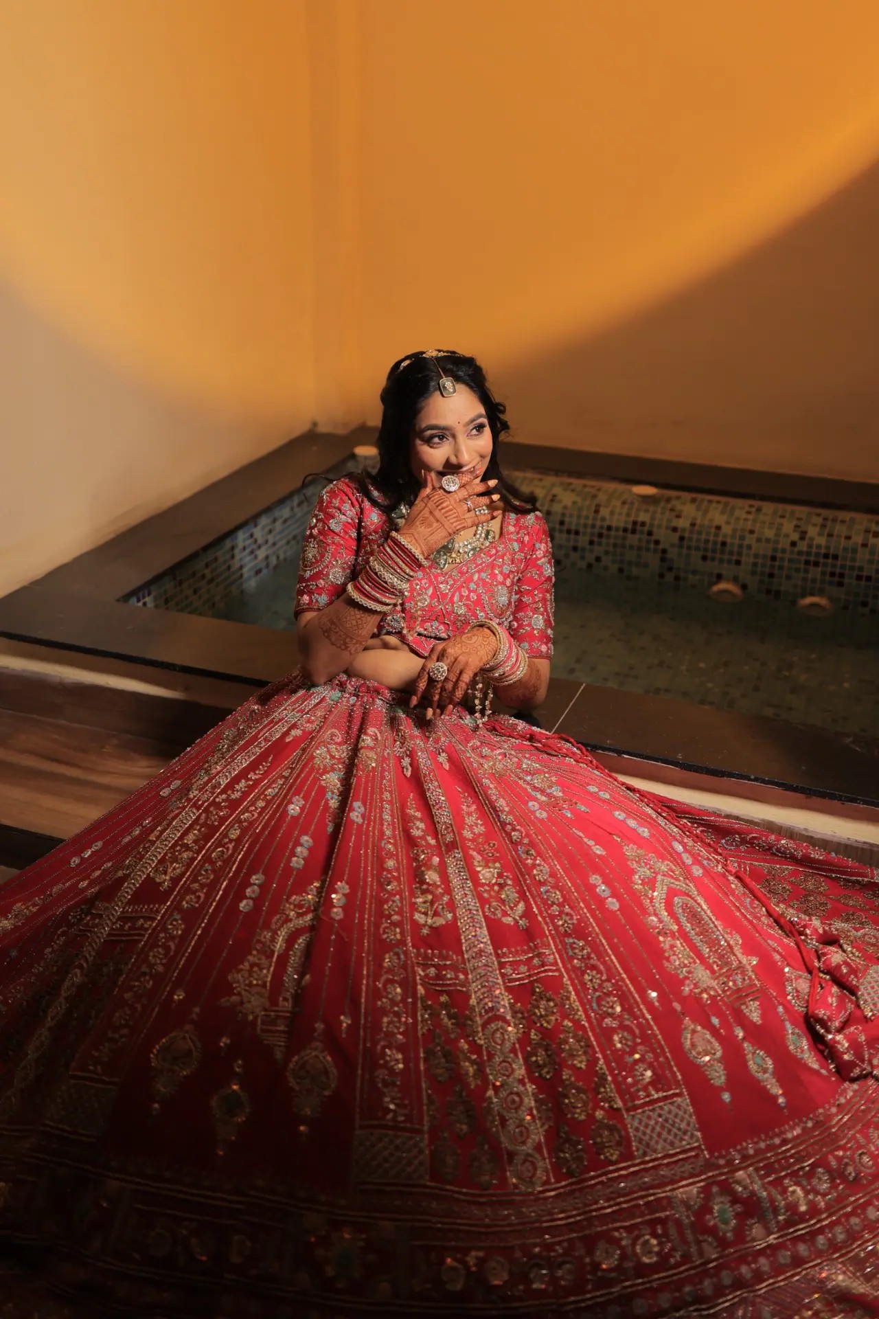 Warm, softly lit bridal portrait by an Indore wedding photographer